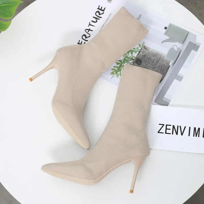 Stivali da calzino sexy stivali da allungamento a maglia tacchi alti per donne scarpe alla moda 2024 stivali caviglia autunno primaverili femminile