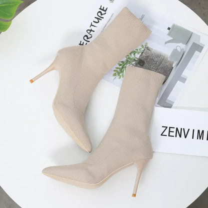 Stivali da calzino sexy stivali da allungamento a maglia tacchi alti per donne scarpe alla moda 2024 stivali caviglia autunno primaverili femminile