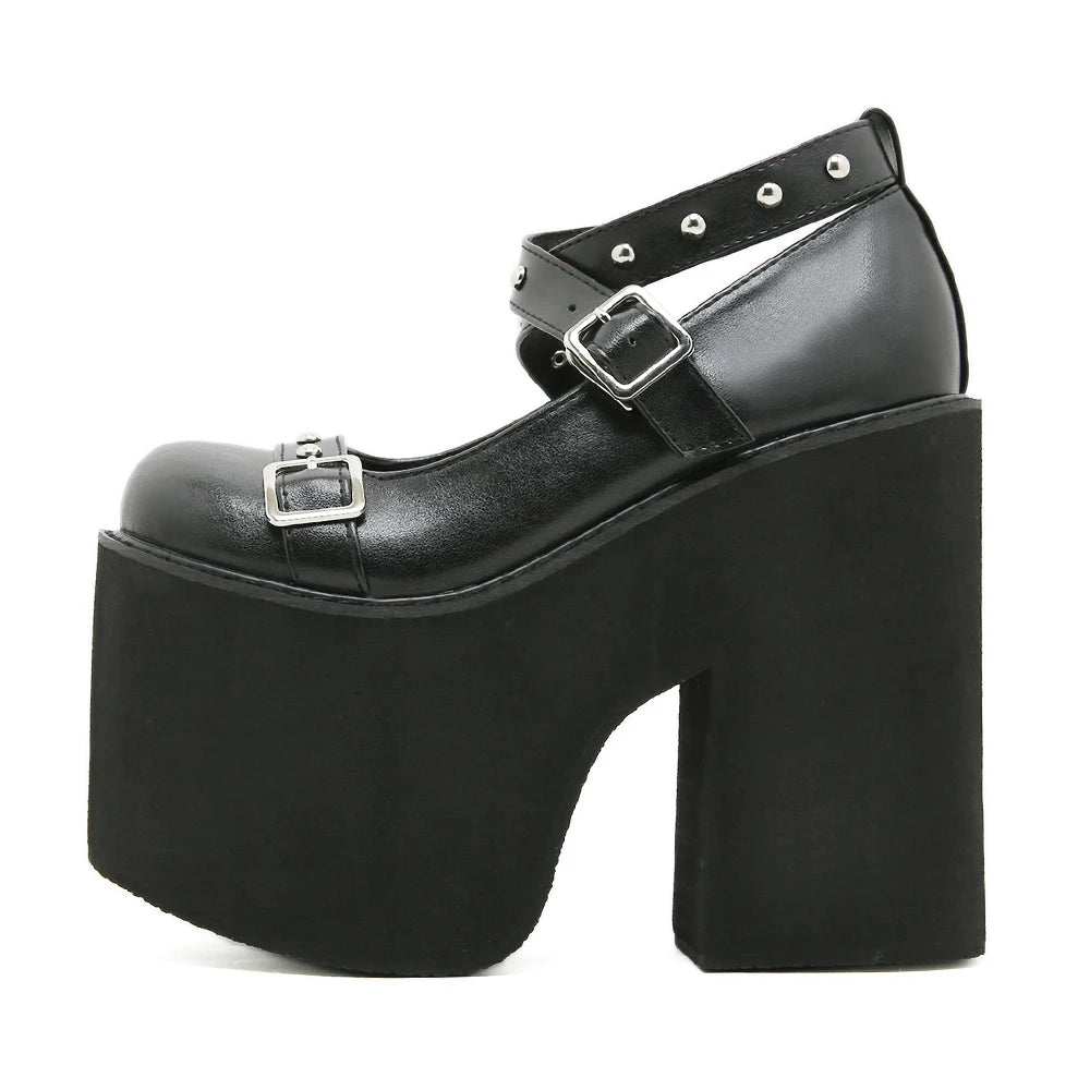 Gdgydh Punk Style Black Rivet Buckle High Heels Shoes for Women Trendy Gothic Waterproof Platform Shoes Belt Buckle Chunky Heels