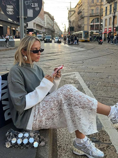 Wolfel Sexy Perspective Flare Saias de verão férias férias de férias altas saias longas saia de estilo de praia de renda