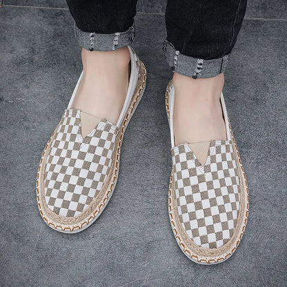 Mænd lærred afslappet sko til mand forår sommer mode rutede flade fiskersko Nye design slip-on loafers