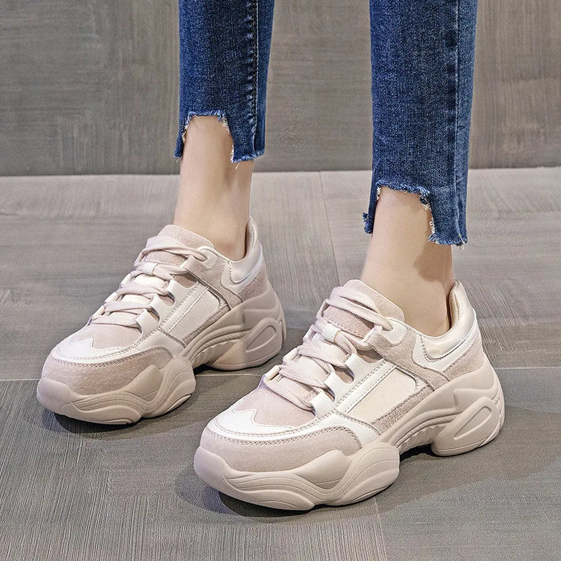 WOIZGIC Women's Female Ladies Genuine Leather Shoes Platform Lace Up Korean Sports Spring Autumn Breathable Vulcanized Shoes