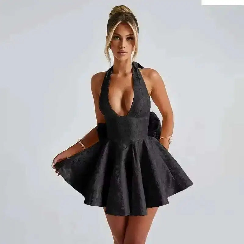 Townlike Jacquard Waist Wrap A-line Dress Women Mini 2024 Spring Summer Dress Elegant Bow Backless Sexy Party Dresses