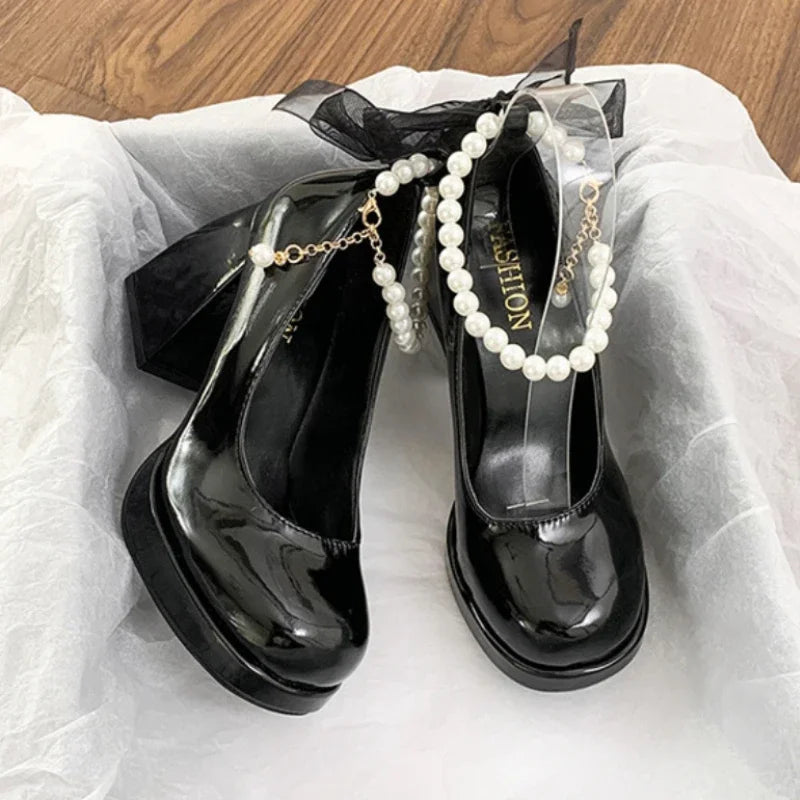 Luxury Women High Heels Elegant Bow Square Toe Women Mary Jane Shoes Pearl Lace Party Wedding Shoes Fashion Platform Women Pumps