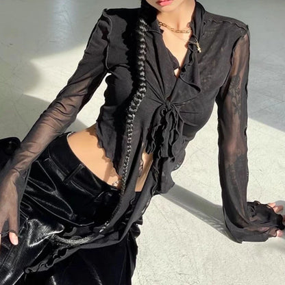 Lange Fackelhülle Blusen für Frauen Schnürmisch sexy süße heiße Mädchen koreanischer Modestil Alleinstimmig Solid Design Elegant Casual Casos