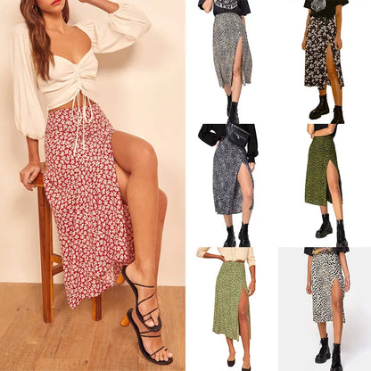 Vintage Skirt Summer Flower Leopard Print High Waist Stretch Long Skirt for Women A-Line Skirts Fashion Beach Maxi Skirt
