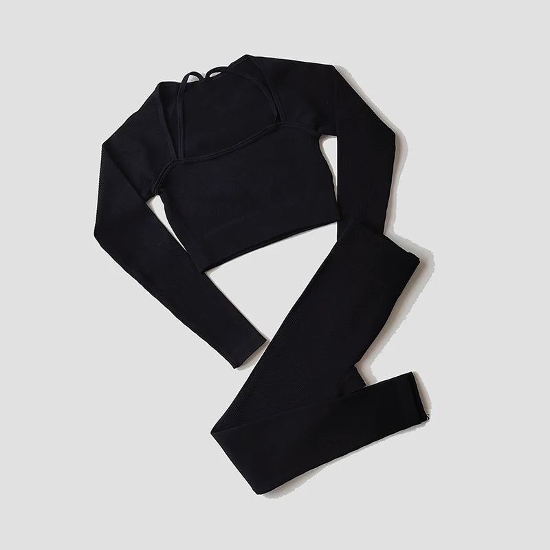 Women Yoga Set Gym Clothing Tracksuit Long Sleeve Crop Top One Shoulder Bra High Waist Seamless Leggings Fitness Sports Suits