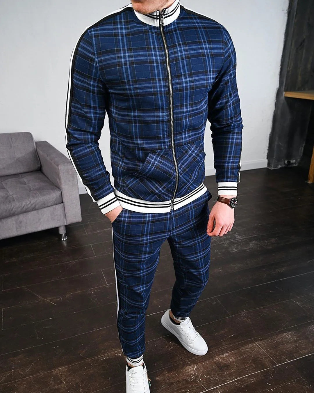 2025 Herbst Herum Männer Tracksuit 2pc Set Plaid Zipper Sweatshirt Jacke Langes Hosen Freigelegte Fitnessstudio Running Jogging Outfit Fleece Sportswear