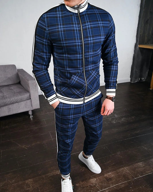 2025 Autumn Men Tracksuit 2pc Set Plaid Zipper Sweatshirt Jacket Long Pants Casual Gym Running Jogging Outfit Fleece Sportswear