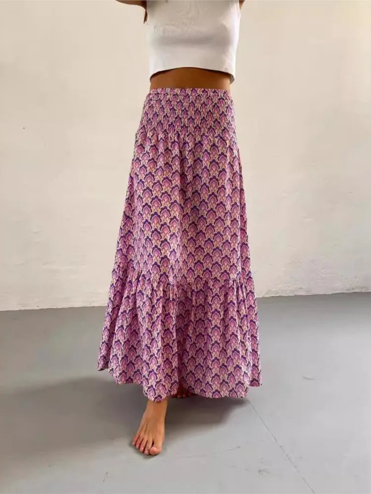 Faldas boho casuales para mujeres nuevas primavera de verano Fashion vintage flojo cintura con estampado floral estilo ético playa maxi falda