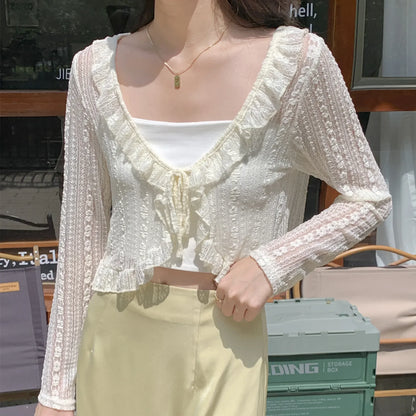 Donne Summer Sun Protection Coat in pizzo con arco con ardollo cardigan camicetta femmina per donna coperte brusa bianca y2k camicia coreana