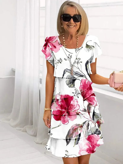 2025 Spring Chic Floral Print Chiffon Dress Woman Elegant Crew Neck Tierred Pleated Dress Summer Short Sleeve A-Line Party Dress