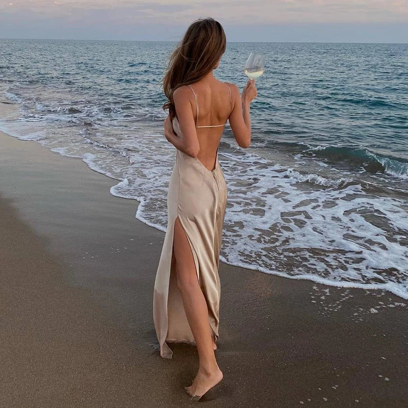 Women Summer Satin Silky Spaghetti Strap Split Long Dress Elegant Sleeveless Backless Club Party Beach Sexy Dresses Vestito