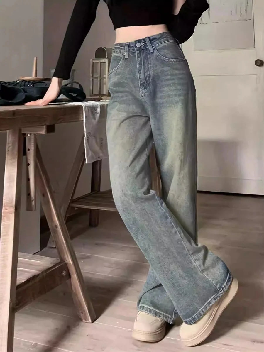 「MD」2024 New Retro Jeans Women Irregular High Waist Slimming Wide Leg Mop Long Pants Fashion