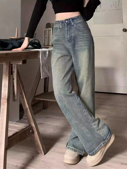 「MD」2024 New Retro Jeans Women Irregular High Waist Slimming Wide Leg Mop Long Pants Fashion