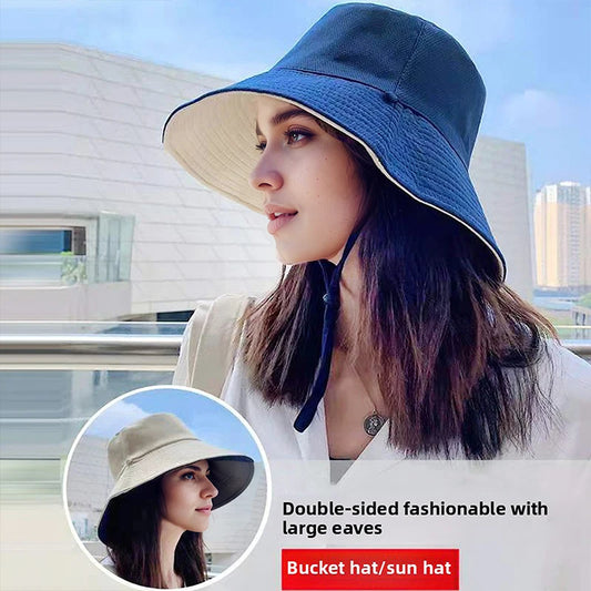 Women's Summer Double Sided Fisherman Hat Large Brim Solid Color Foldable Sunshade Bucket Hat Outdoor Fishing Sun Protection Cap
