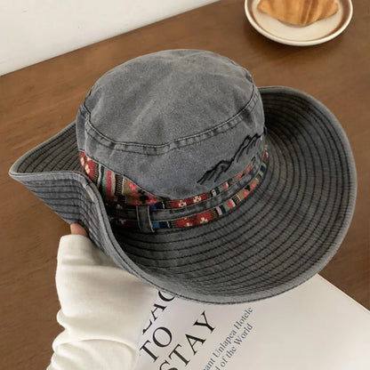 Denim kangas cowboy -kauhahattu tuulenpitävällä hihnalla leveä reunakalastaja korkki auringonsuoja