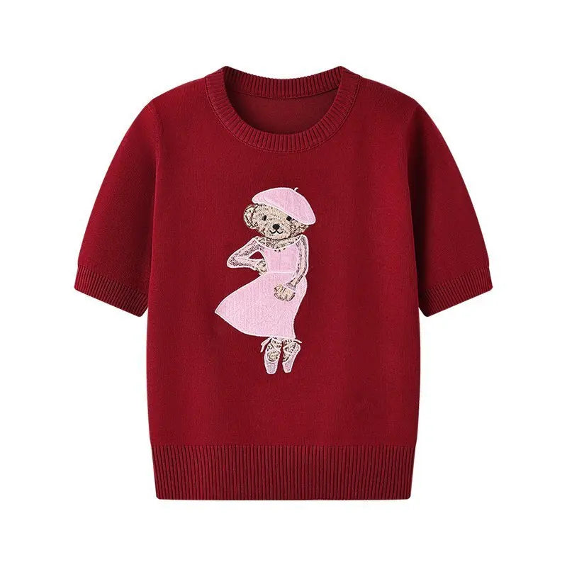 Eurooppalainen tyylinen luksusbrändi löysä O-kaula-aukkoa Pullover Tops Neule Woman Lyhythihainen T-paita Ladies Wooleulottu villapaita