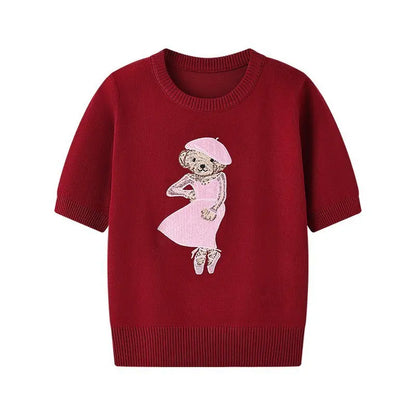 Eurooppalainen tyylinen luksusbrändi löysä O-kaula-aukkoa Pullover Tops Neule Woman Lyhythihainen T-paita Ladies Wooleulottu villapaita