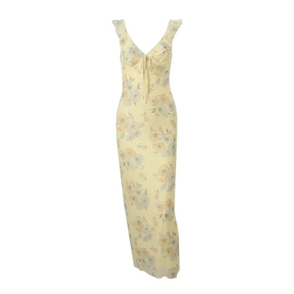 Rochii retro v gât de culoare galbenă fără mâneci imprimeu maxi rochie lungă elegantă, înaltă talie înaltă petrecere de vacanță feminină vestidos