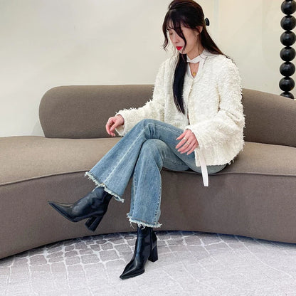 Pointed Toe Women Ankle Boots Fashion Elegant Soft Leather Shoes Thick Heel Women's Modern Short Booties