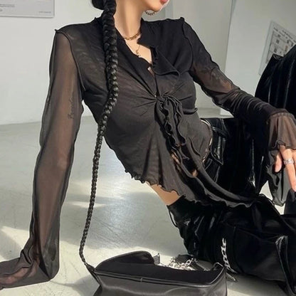 Lange Fackelhülle Blusen für Frauen Schnürmisch sexy süße heiße Mädchen koreanischer Modestil Alleinstimmig Solid Design Elegant Casual Casos