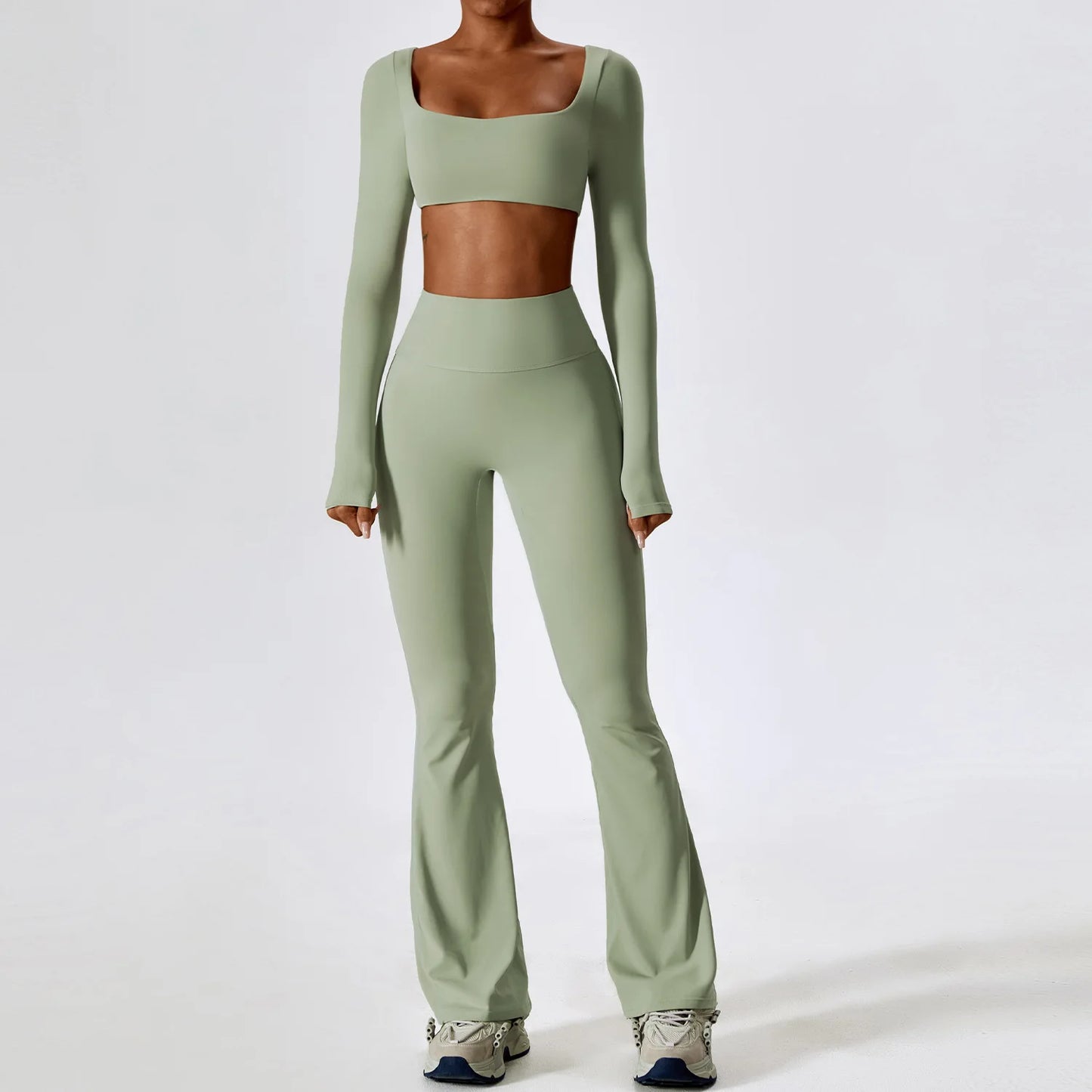 Women Tracksuit Gym Yoga Suit 2PCS Tight Fitting Sports Set Workout Breathable T Shirts Bra Tank Top Loose Bell-bottoms Leggings