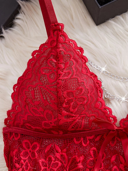 Sommer -Frauen -Pyjama sexy rote Dessous Nachtkleid Spitze durch Nachtnacht Nachteile elegante und sinnliche Unterwäsche Set
