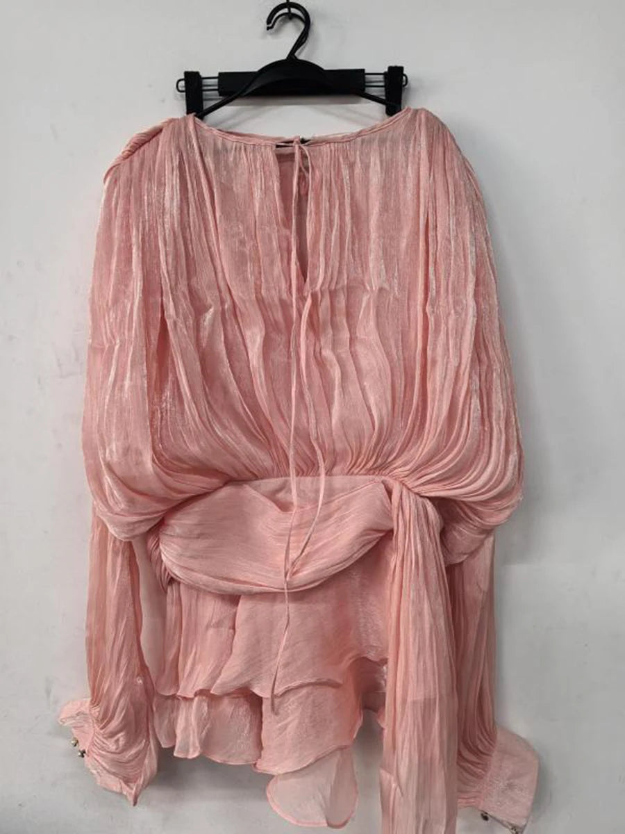 Galcaur Solid Loose Splicd Lace Up Dresses For Women V Neck Lange ermer Patchwork Ruffles Tunika Dreses Female Fashio Ny