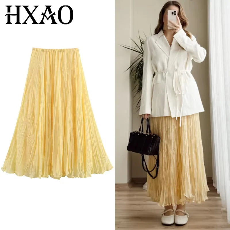 Falda de mujer Hxao Falda amarilla plisada Summer 2025 Faldas largas de cintura Midi Midi Falda de vacaciones casual elegantes