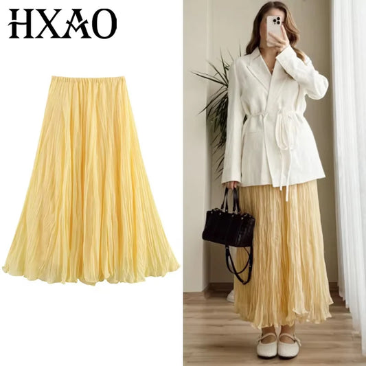 HXAO Women's Skirt Yellow Pleated Skirt Summer 2025 Midi Ruffle High Waist Long Skirts For Women Elegant Casual Vacation Skirts