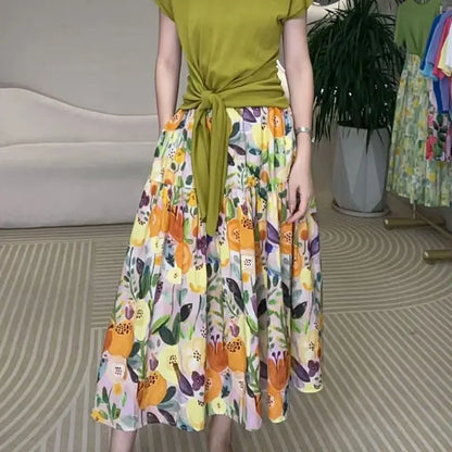 Fashionable Elastic Waist Printed Women Summer Thin A-line Large Umbrella Skirt