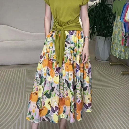 Fashionable Elastic Waist Printed Women Summer Thin A-line Large Umbrella Skirt