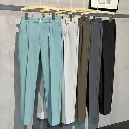 Straight Slim Fit Man 9 Cropped Suits Pants Vintage Elegant Suit Trousers for Men Summer 2025 Work Wear Fashion Luxury Clothing