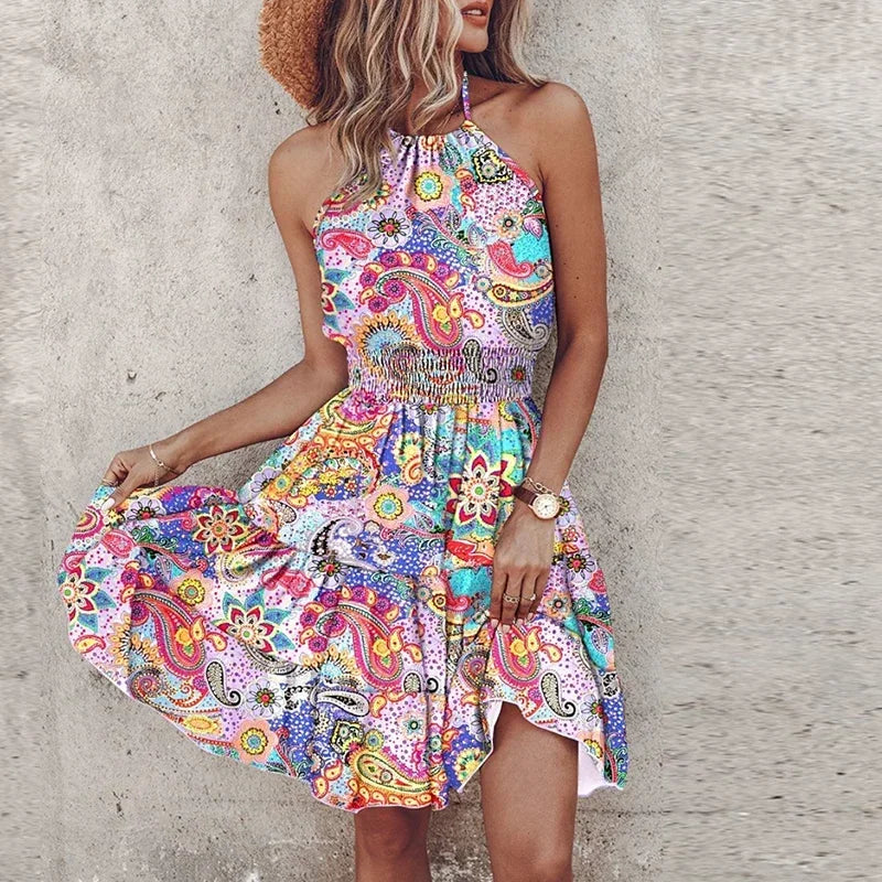 Summer Floral Print Mini Dress Women Sexy Halter Short Dresses For Women Casual Sleeveless  Beach Holiday Dress Boho Style Femme