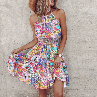 Summer Floral Print Mini Dress Women Sexy Halter Short Dresses For Women Casual Sleeveless  Beach Holiday Dress Boho Style Femme