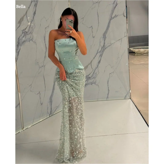 Bella anpassen grüne Perlen Mermaid Roben de Soirée trägerloser ärmellose Abschlussballkleider bodenlange Perlen Hochzeitskleid 2025