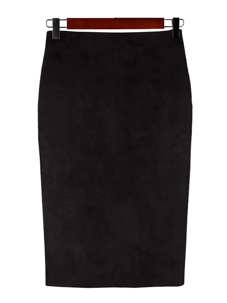Sexy Multi Color Suede Midi Pencil Skirt Women 2024 Fashion Elastic High Waist Office Lady Bodycon Skirts Saias