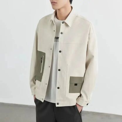 Ráncellenes finomszőtt twill férfi gallér dzseki tavaszi őszi trend enyhén laza patchwork munkaruhák alkalmi kabát