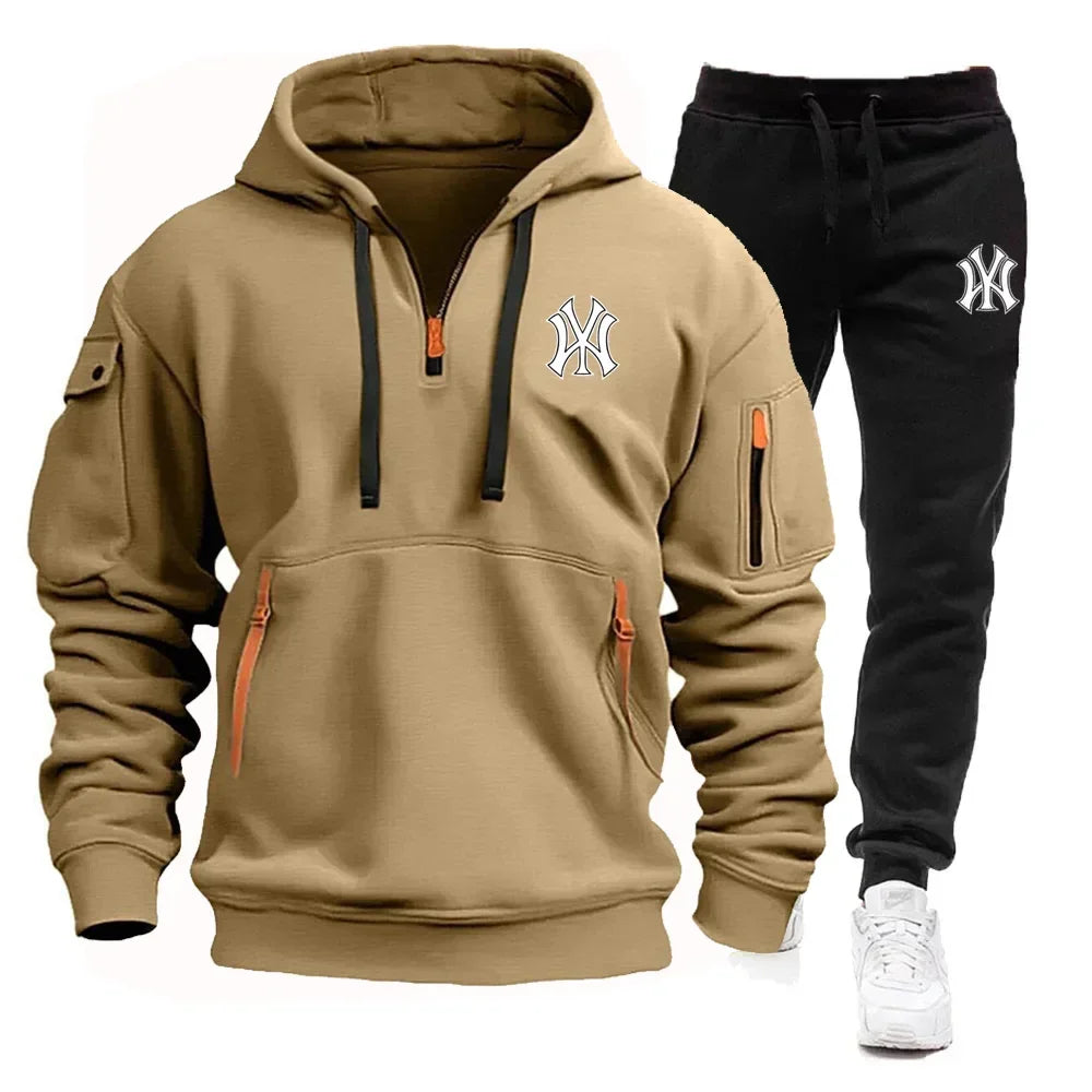 Spring et automne 2025 Sweat à capuche à fermeture éclair multi-poche pour hommes, ensemble de pantalons de survêtement en 2 pièces, vêtements de sport de fitness décontractés