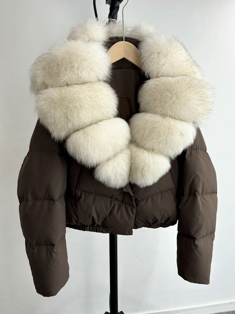 Janveny Big Natural Fox Fur Coat Women 2025 Autumn Winter Female Parkas 90% White Duck Down Jacket Feather Short Puffer Coat
