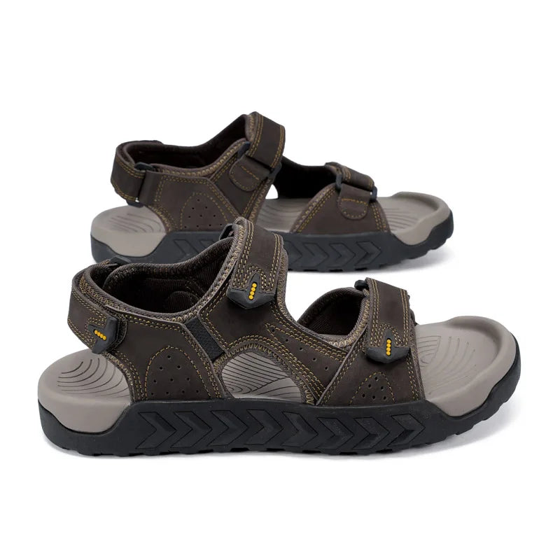 Summer Mens Casual Sandals Genuine Leather Cushion Natural Leather Open Shoes Beach Sandal Adjustable Anti-Skid