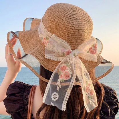 Women Elegant Wide Brim Straw Hat Summer Beach UV Protection Plus Adjustable Sun Hat With Lace Bow Foldable Outdoor Vacation