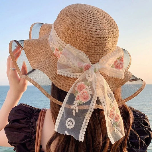 Women Elegant Wide Brim Straw Hat Summer Beach UV Protection Plus Adjustable Sun Hat With Lace Bow Foldable Outdoor Vacation