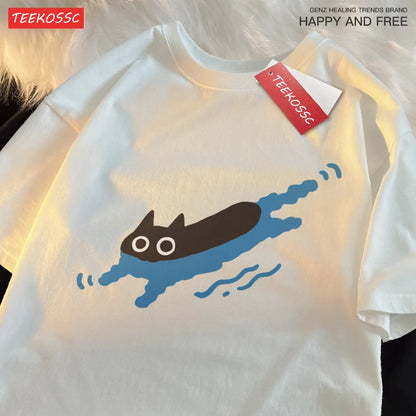 Paar T-stukken zwemmen zwarte kat duiken schouder schouder korte mouwen t-shirt voor mannen vrouwen ademende casual pure katoenen losse tops