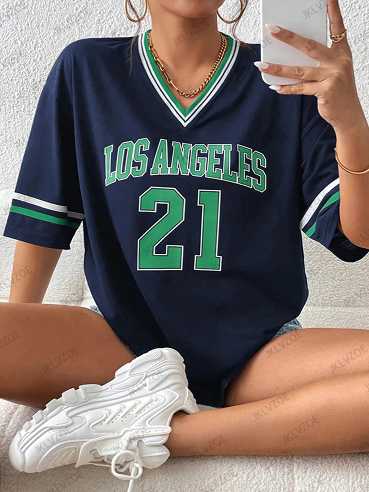 New Los Angeles No.21 Printed T-Shirt For Women Summer  V-Neck Short Sleeve Sports Football Jersey Y2K Loose Oversized Tops
