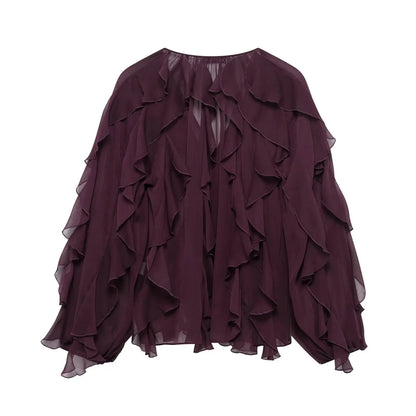 Tangada Women Wine Red Ruffles Shirt Langærmet 2025 Fashion Oversized Blouse Tops 3H0011
