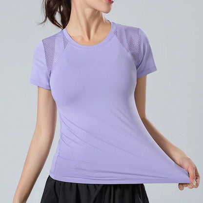 Pofybofy Mesh Stitching Reflectiv Strip Back Dry Dry Elastic Elastic Respirabil de bază cu mânecă scurtă cu mânecă Yoga Tricou Femei Gimnastică Fitness Top