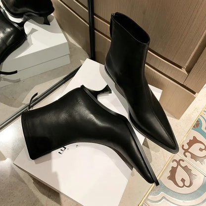 QUTAA 2025 Fashion Women Ankle Boots Sexy Autumn Winter Pointed Toe High Heels Genuine Leather Casual Black Shoes Size 34-43