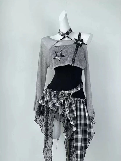 Gothic Hot Girl American Fashion 2 pièces Set Femmes Blouse noire + Chic Robe irrégulière Nouveau désir pur Slim Vintage Suit Summer